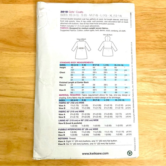 Kwik Sew 3818 Sewing Pattern Girls Coat/Jackets Sizes XS-XL 4-16 - Picture 2 of 4